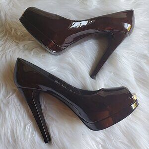 Stuart Weitzman Burgundy Patent Leather Peep Toe Platform Pumps SZ 8.5